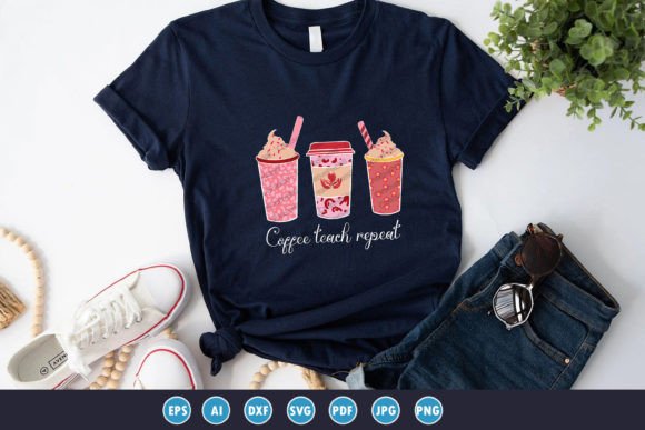 Coffee Teach Repeat T-shirt Design: A Modern Graphic Design Asset